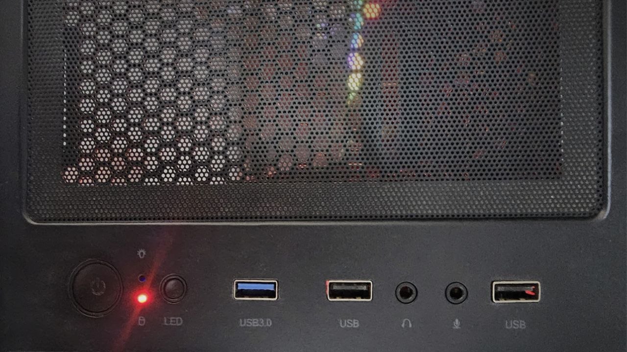 The empty front panel of the case, all ports unoccupied